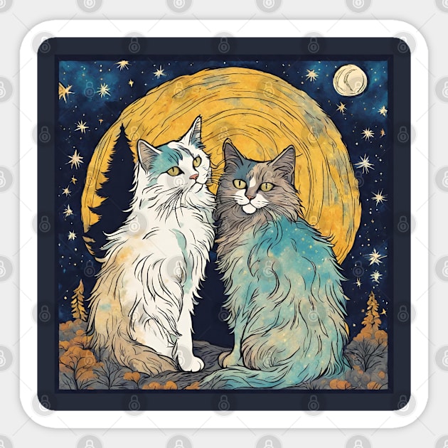 Vintage Norwegian Forest Cats are Platonic Soulmates in Van Gogh Starry Night Sky Cat Mom Sticker by wigobun